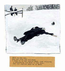Kunstwerk van Maira Kalman, man liggend in de sneeuw, terwijl twee andere mannen toekijken.
